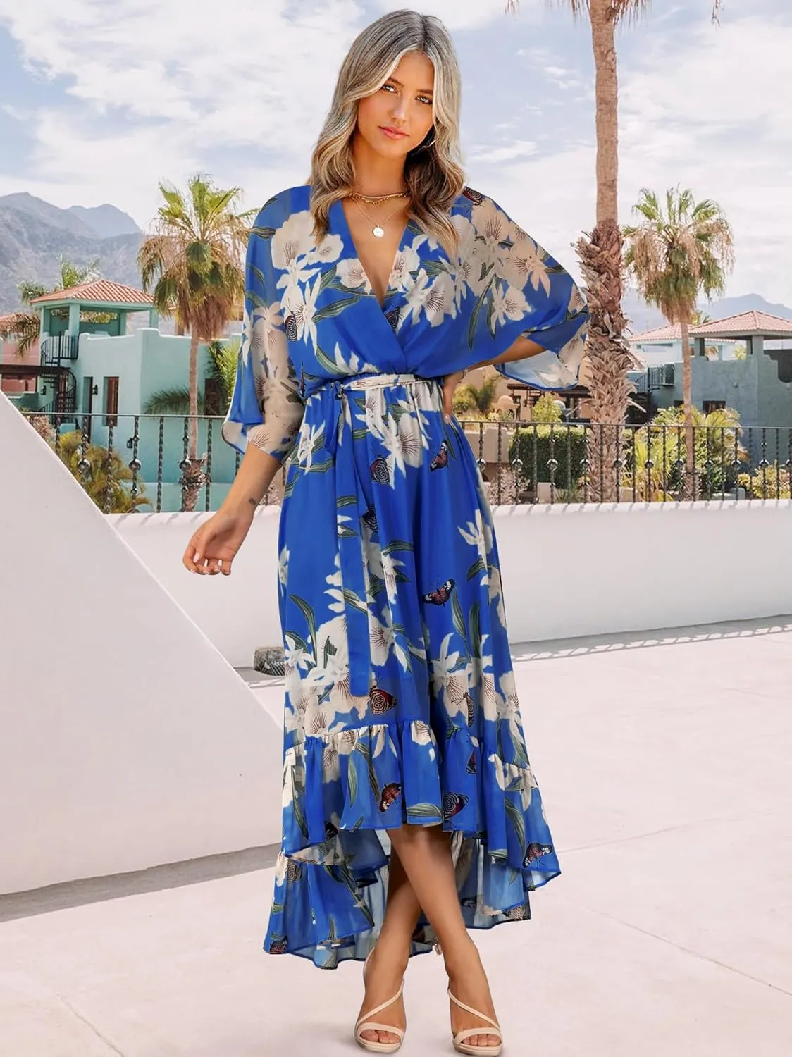 Women's Summer Floral Boho Dress 3/4 Sleeve Wrap V Neck Flowy Casual Loose Wedding Guest Long Maxi Ruffle Dresses