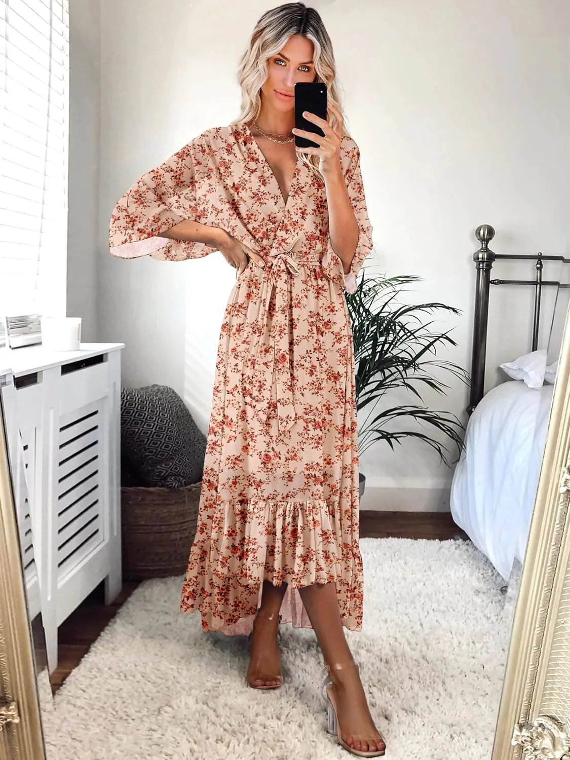 Women's Summer Floral Boho Dress 3/4 Sleeve Wrap V Neck Flowy Casual Loose Wedding Guest Long Maxi Ruffle Dresses
