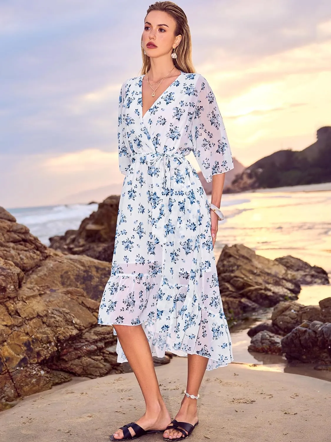 Women's Summer Floral Boho Dress 3/4 Sleeve Wrap V Neck Flowy Casual Loose Wedding Guest Long Maxi Ruffle Dresses