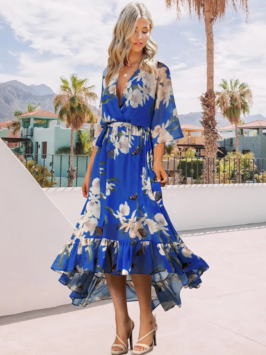 Women's Summer Floral Boho Dress 3/4 Sleeve Wrap V Neck Flowy Casual Loose Wedding Guest Long Maxi Ruffle Dresses