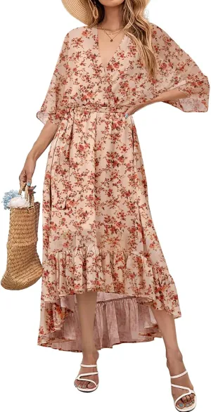 Women's Summer Floral Boho Dress 3/4 Sleeve Wrap V Neck Flowy Casual Loose Wedding Guest Long Maxi Ruffle Dresses