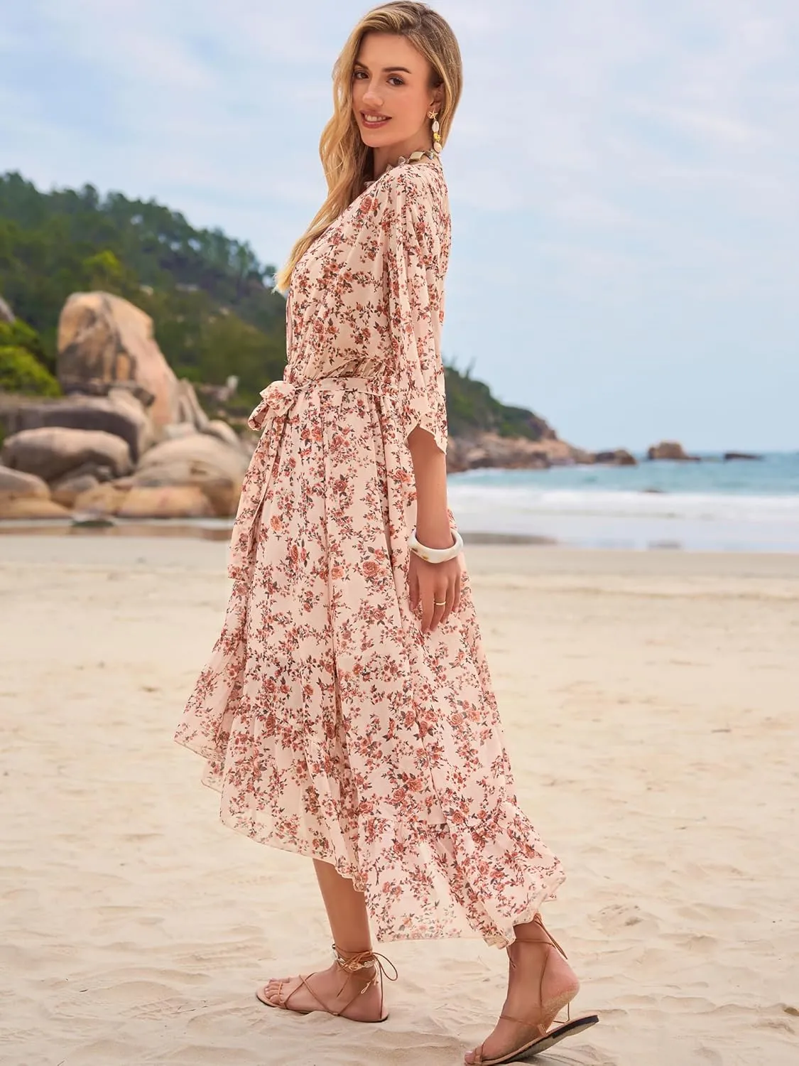 Women's Summer Floral Boho Dress 3/4 Sleeve Wrap V Neck Flowy Casual Loose Wedding Guest Long Maxi Ruffle Dresses