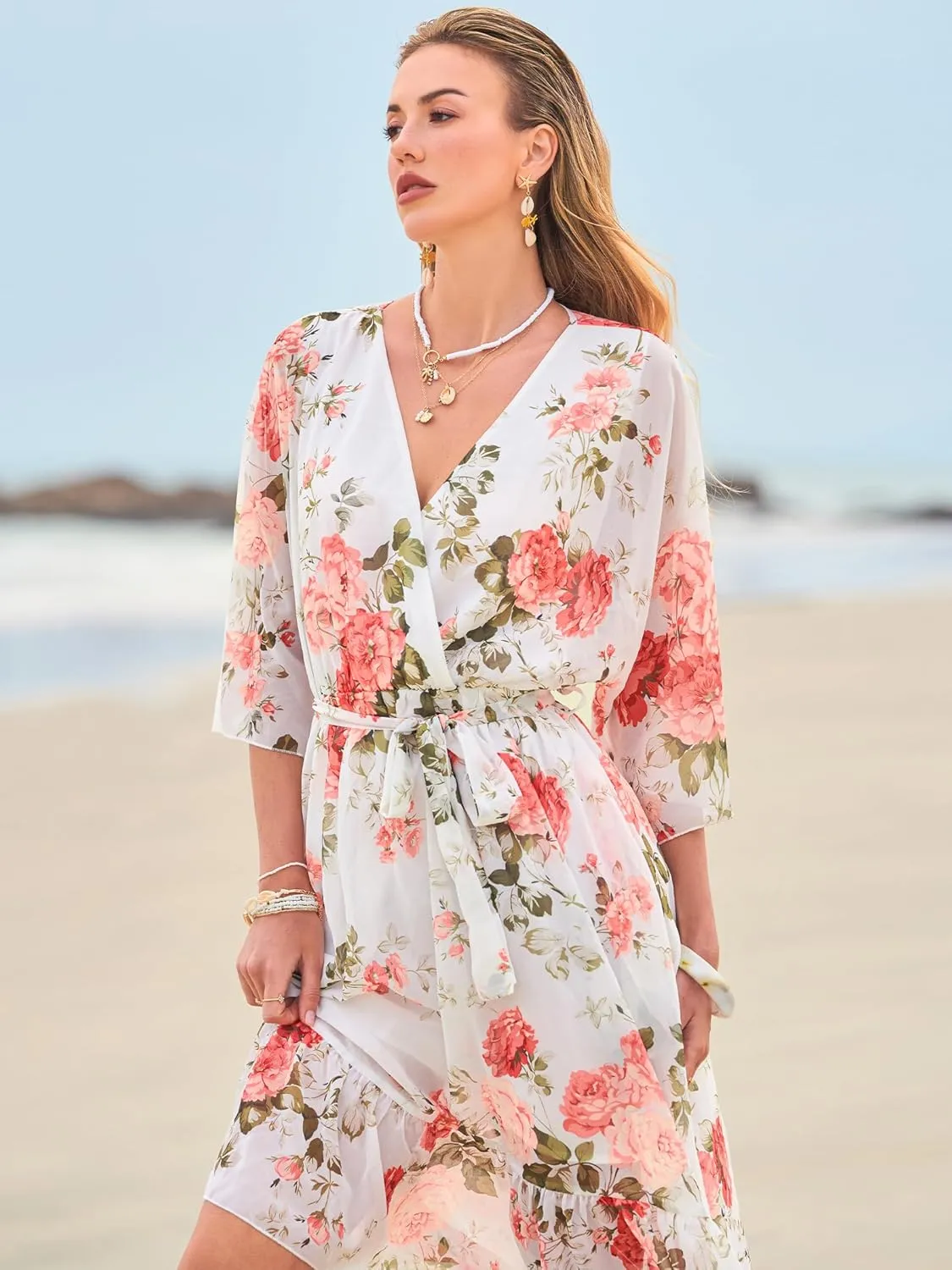 Women's Summer Floral Boho Dress 3/4 Sleeve Wrap V Neck Flowy Casual Loose Wedding Guest Long Maxi Ruffle Dresses