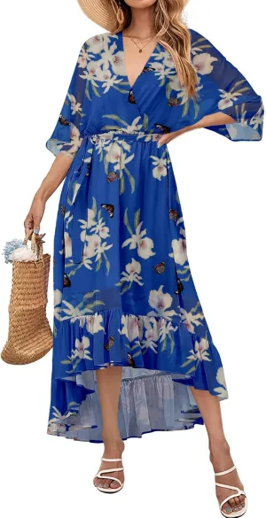Women's Summer Floral Boho Dress 3/4 Sleeve Wrap V Neck Flowy Casual Loose Wedding Guest Long Maxi Ruffle Dresses