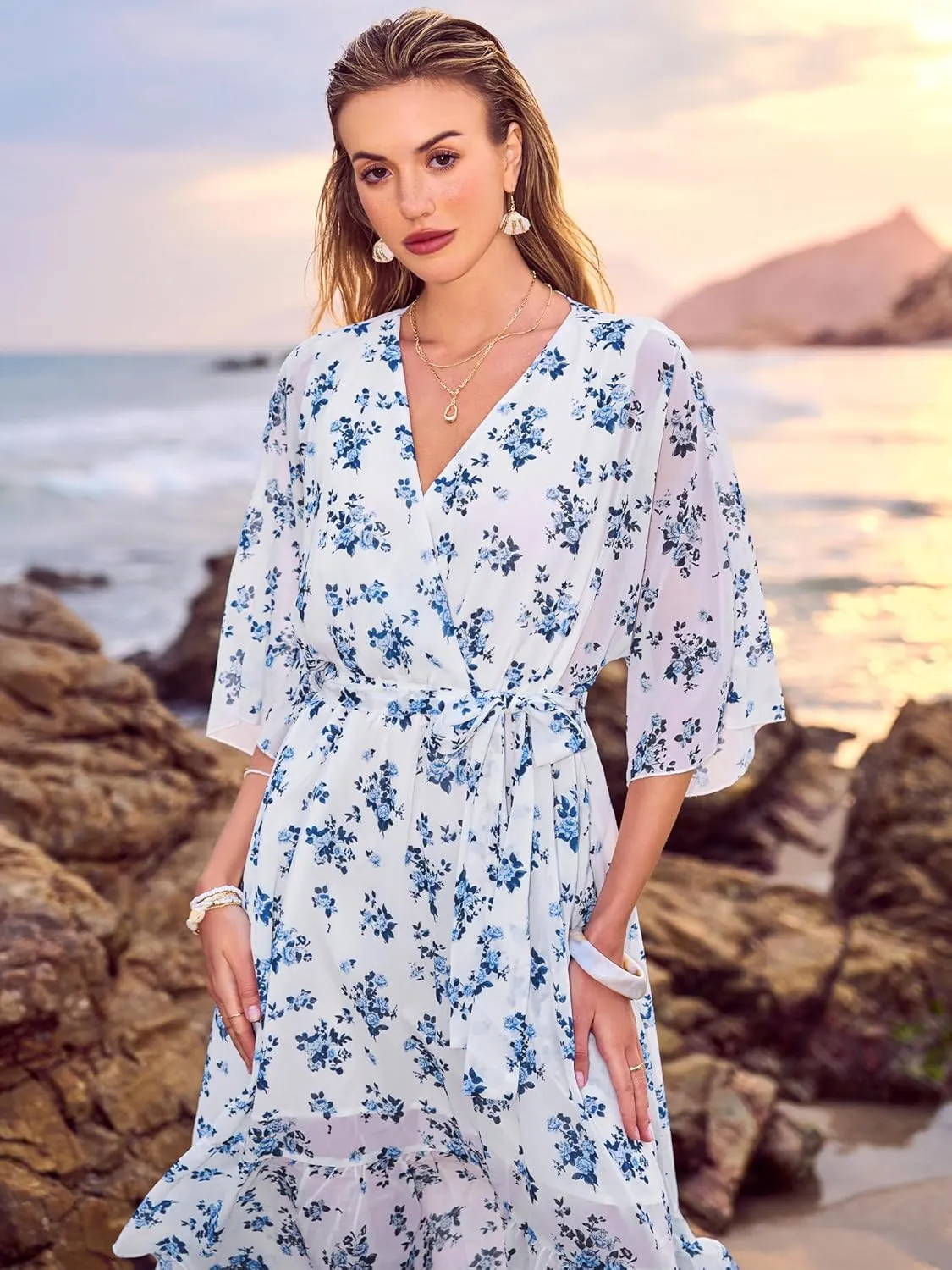 Women's Summer Floral Boho Dress 3/4 Sleeve Wrap V Neck Flowy Casual Loose Wedding Guest Long Maxi Ruffle Dresses