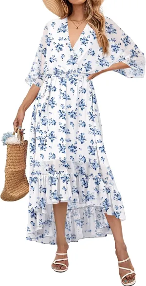 Women's Summer Floral Boho Dress 3/4 Sleeve Wrap V Neck Flowy Casual Loose Wedding Guest Long Maxi Ruffle Dresses