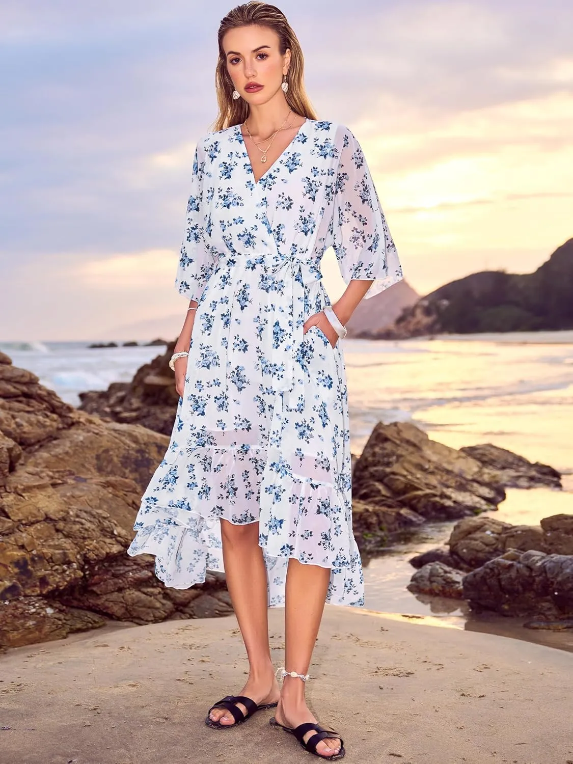 Women's Summer Floral Boho Dress 3/4 Sleeve Wrap V Neck Flowy Casual Loose Wedding Guest Long Maxi Ruffle Dresses