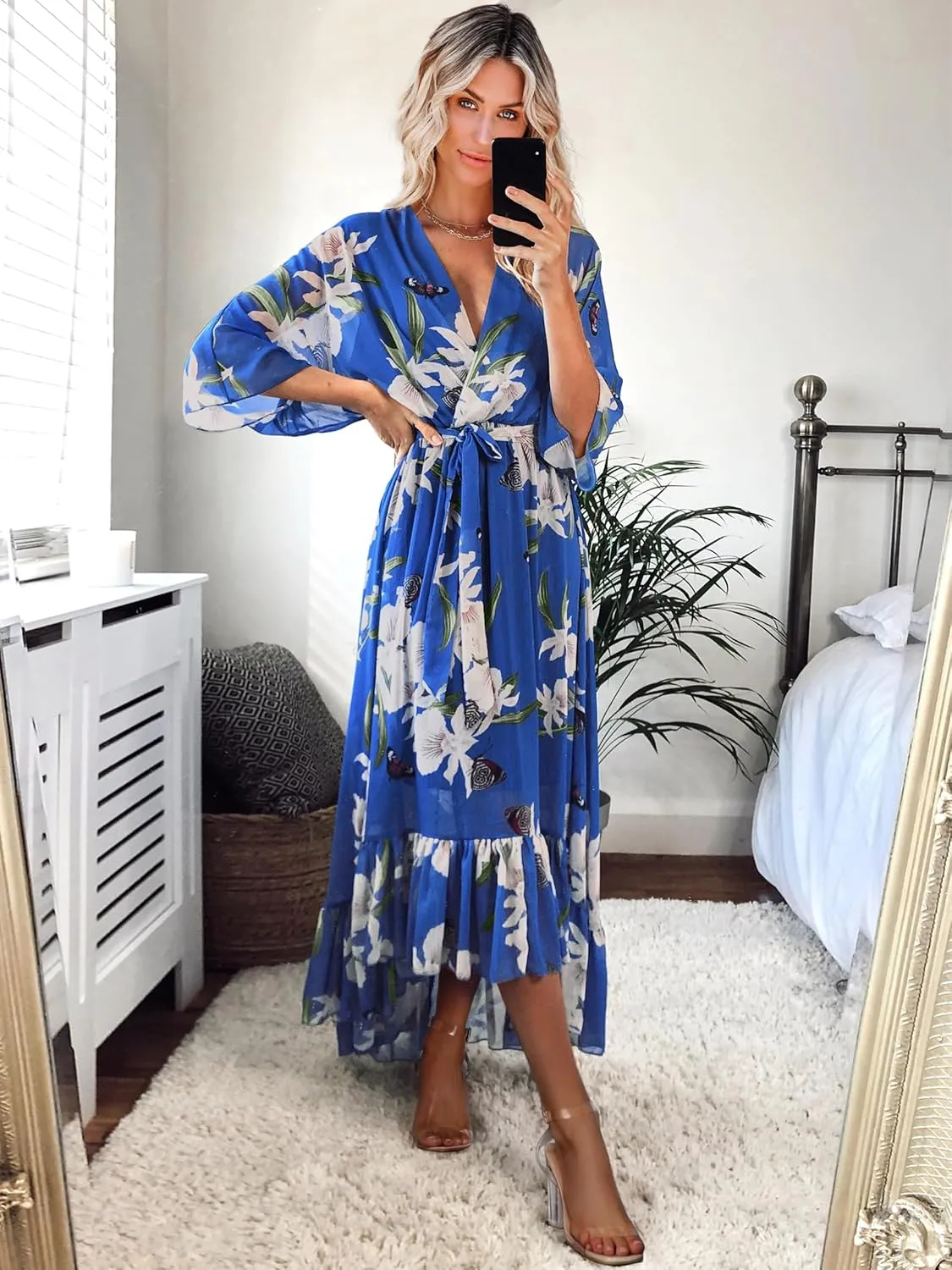 Women's Summer Floral Boho Dress 3/4 Sleeve Wrap V Neck Flowy Casual Loose Wedding Guest Long Maxi Ruffle Dresses