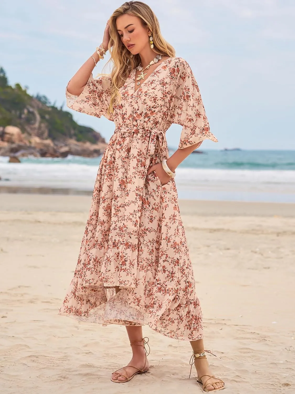 Women's Summer Floral Boho Dress 3/4 Sleeve Wrap V Neck Flowy Casual Loose Wedding Guest Long Maxi Ruffle Dresses