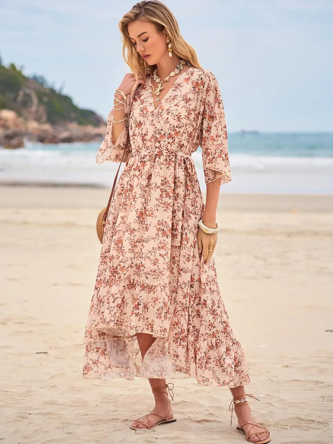 Women's Summer Floral Boho Dress 3/4 Sleeve Wrap V Neck Flowy Casual Loose Wedding Guest Long Maxi Ruffle Dresses