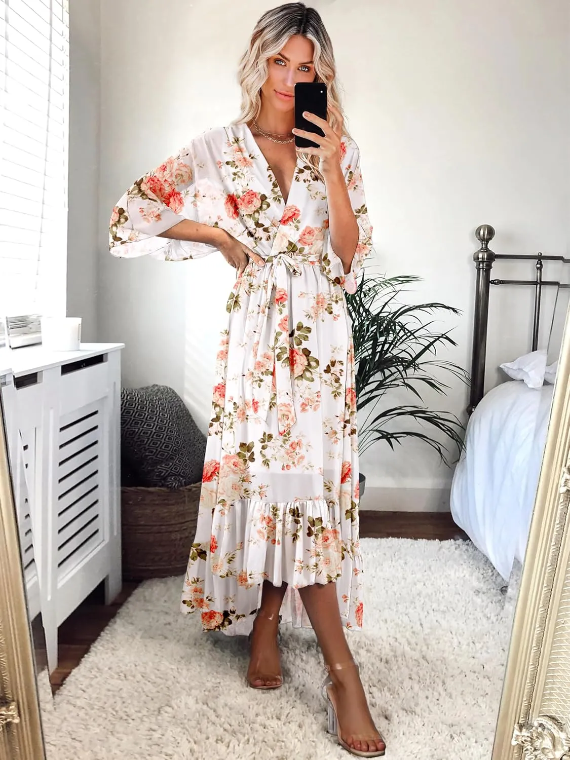 Women's Summer Floral Boho Dress 3/4 Sleeve Wrap V Neck Flowy Casual Loose Wedding Guest Long Maxi Ruffle Dresses