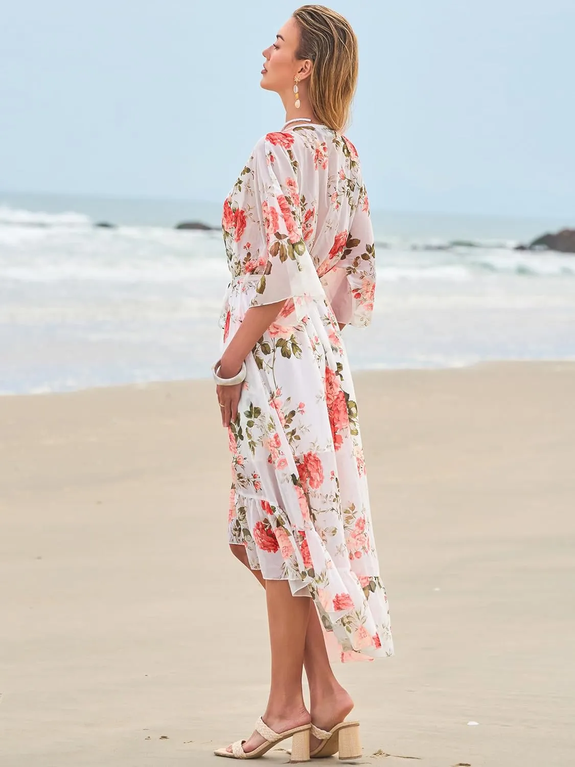 Women's Summer Floral Boho Dress 3/4 Sleeve Wrap V Neck Flowy Casual Loose Wedding Guest Long Maxi Ruffle Dresses