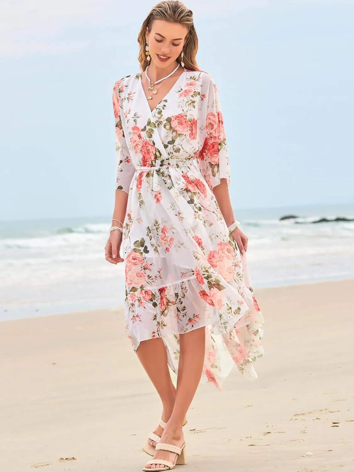 Women's Summer Floral Boho Dress 3/4 Sleeve Wrap V Neck Flowy Casual Loose Wedding Guest Long Maxi Ruffle Dresses