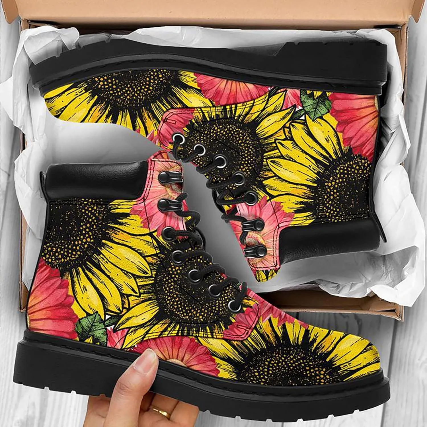 Women's Sunflower Boots,Custom Flower Boots with Name, Vegan Leather Lace Up Ankle Boots Anti-Slip Boots,Personalized Flower Gift for Mom/Daugher/Wife