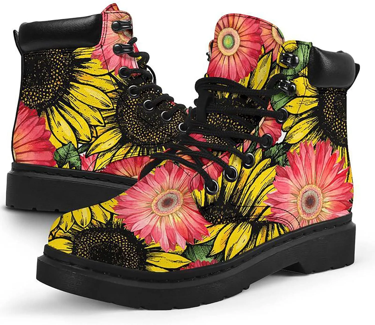 Women's Sunflower Boots,Custom Flower Boots with Name, Vegan Leather Lace Up Ankle Boots Anti-Slip Boots,Personalized Flower Gift for Mom/Daugher/Wife