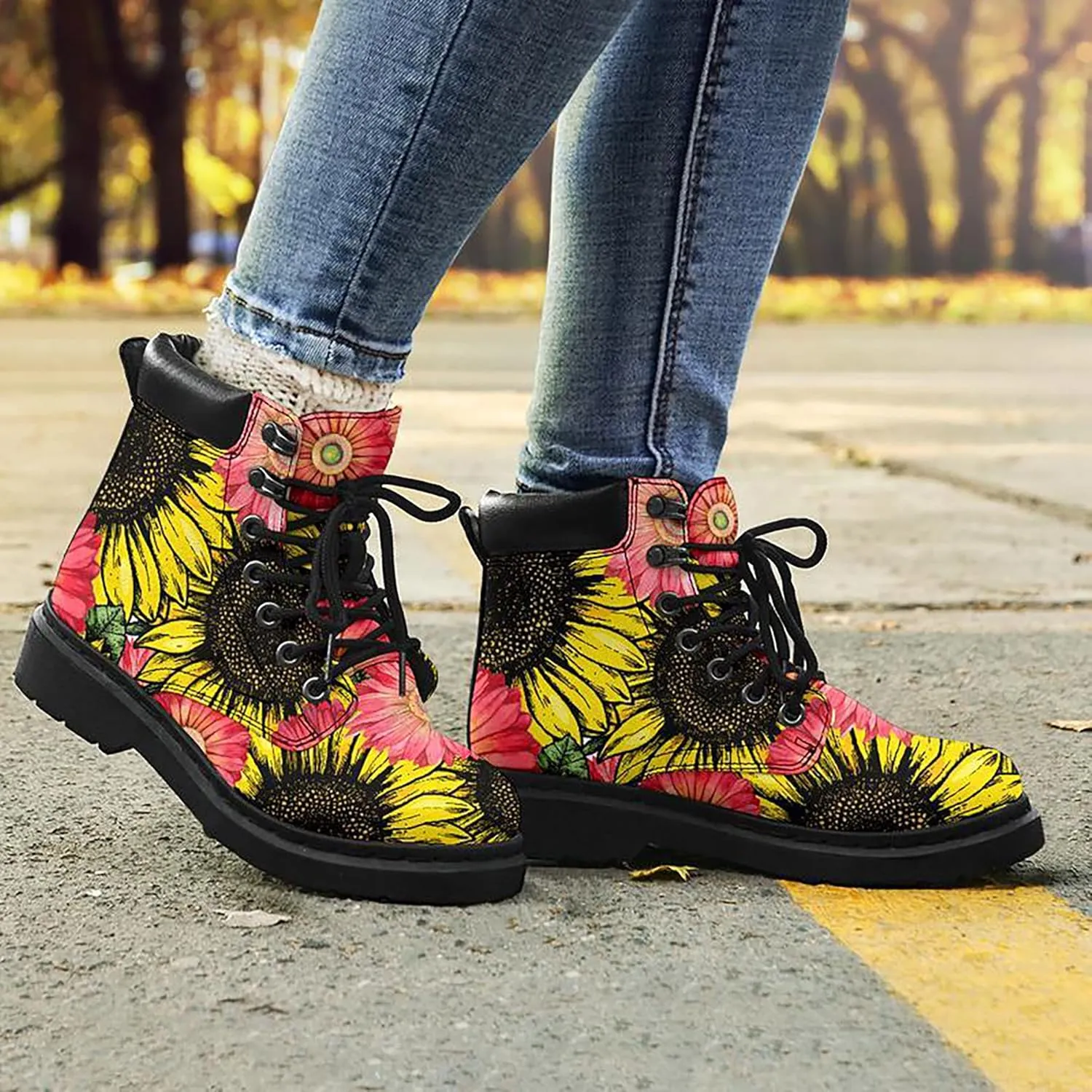 Women's Sunflower Boots,Custom Flower Boots with Name, Vegan Leather Lace Up Ankle Boots Anti-Slip Boots,Personalized Flower Gift for Mom/Daugher/Wife