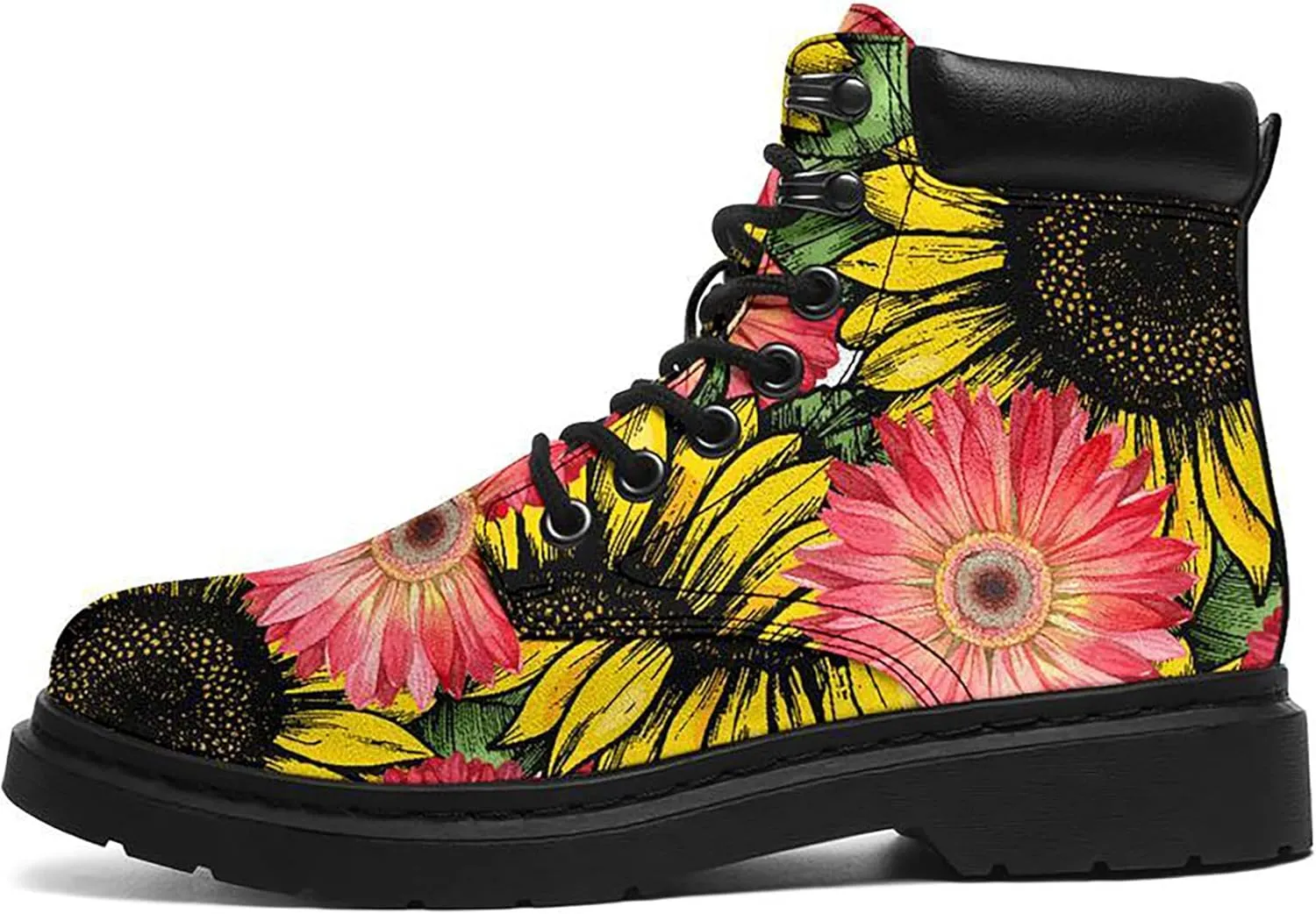 Women's Sunflower Boots,Custom Flower Boots with Name, Vegan Leather Lace Up Ankle Boots Anti-Slip Boots,Personalized Flower Gift for Mom/Daugher/Wife