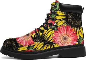 Women's Sunflower Boots,Custom Flower Boots with Name, Vegan Leather Lace Up Ankle Boots Anti-Slip Boots,Personalized Flower Gift for Mom/Daugher/Wife