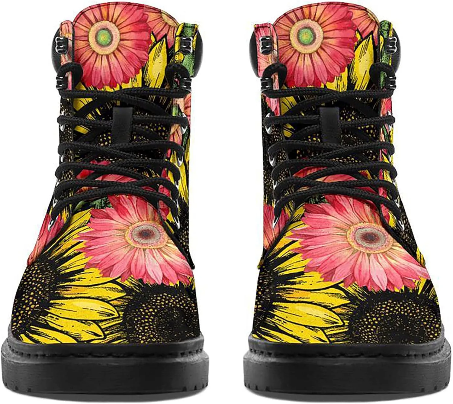 Women's Sunflower Boots,Custom Flower Boots with Name, Vegan Leather Lace Up Ankle Boots Anti-Slip Boots,Personalized Flower Gift for Mom/Daugher/Wife