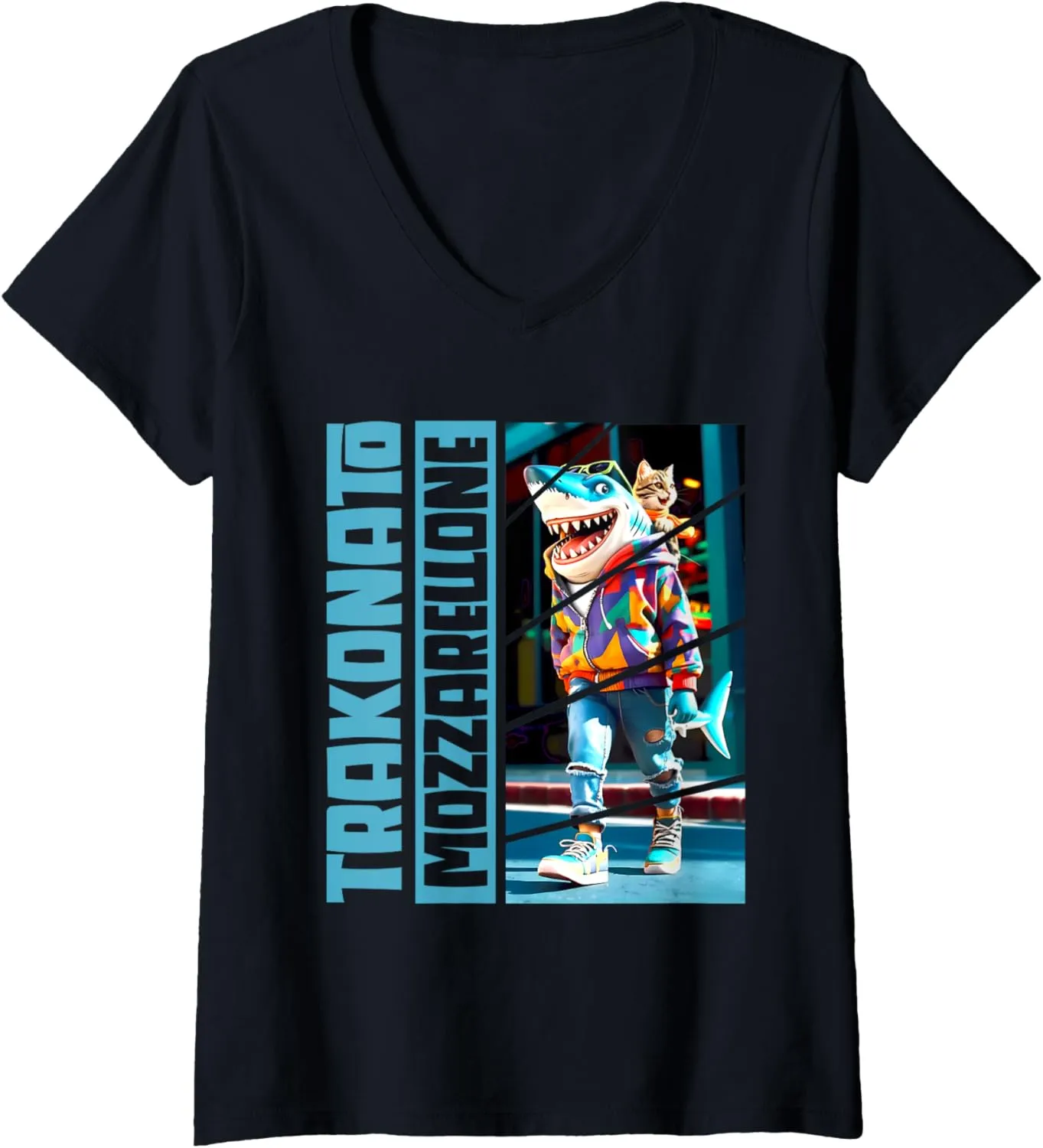 Womens TRAKONATO MOZZARELLONE - Brain Red Tralala Shark Funny V-Neck T-Shirt