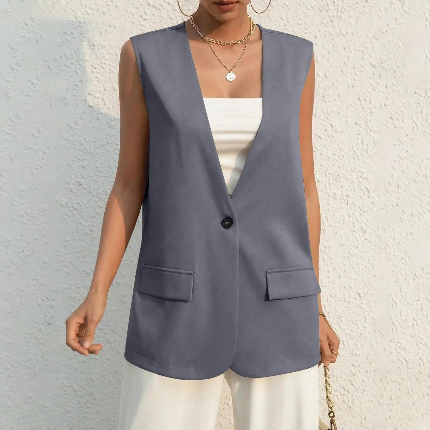 Womens Vest Top Trendy Button V Neck Summer Long Suit Vest with Pockets Dressy Casual Sleeveless Blazer Tops