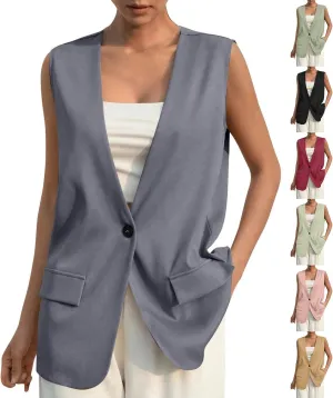 Womens Vest Top Trendy Button V Neck Summer Long Suit Vest with Pockets Dressy Casual Sleeveless Blazer Tops