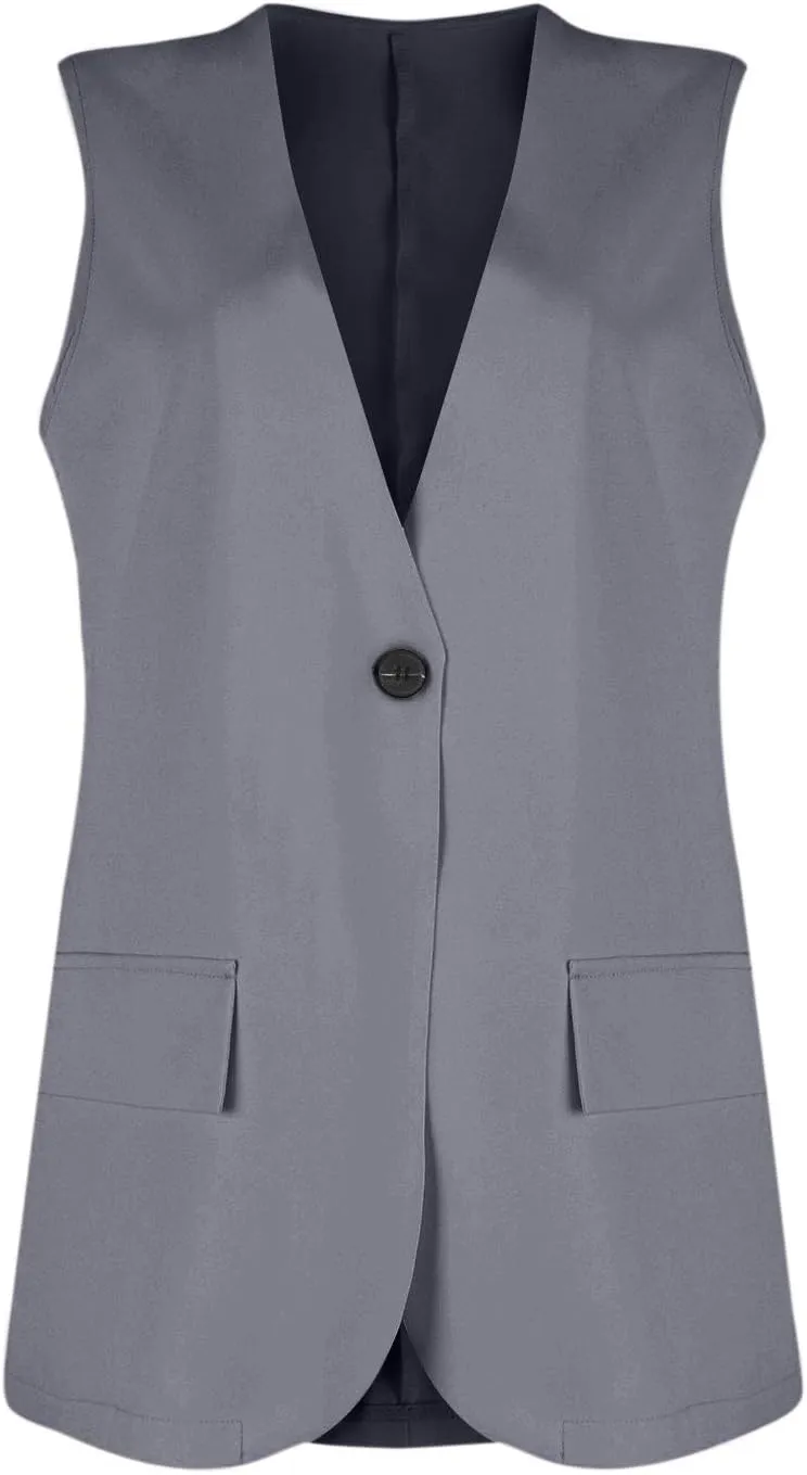 Womens Vest Top Trendy Button V Neck Summer Long Suit Vest with Pockets Dressy Casual Sleeveless Blazer Tops