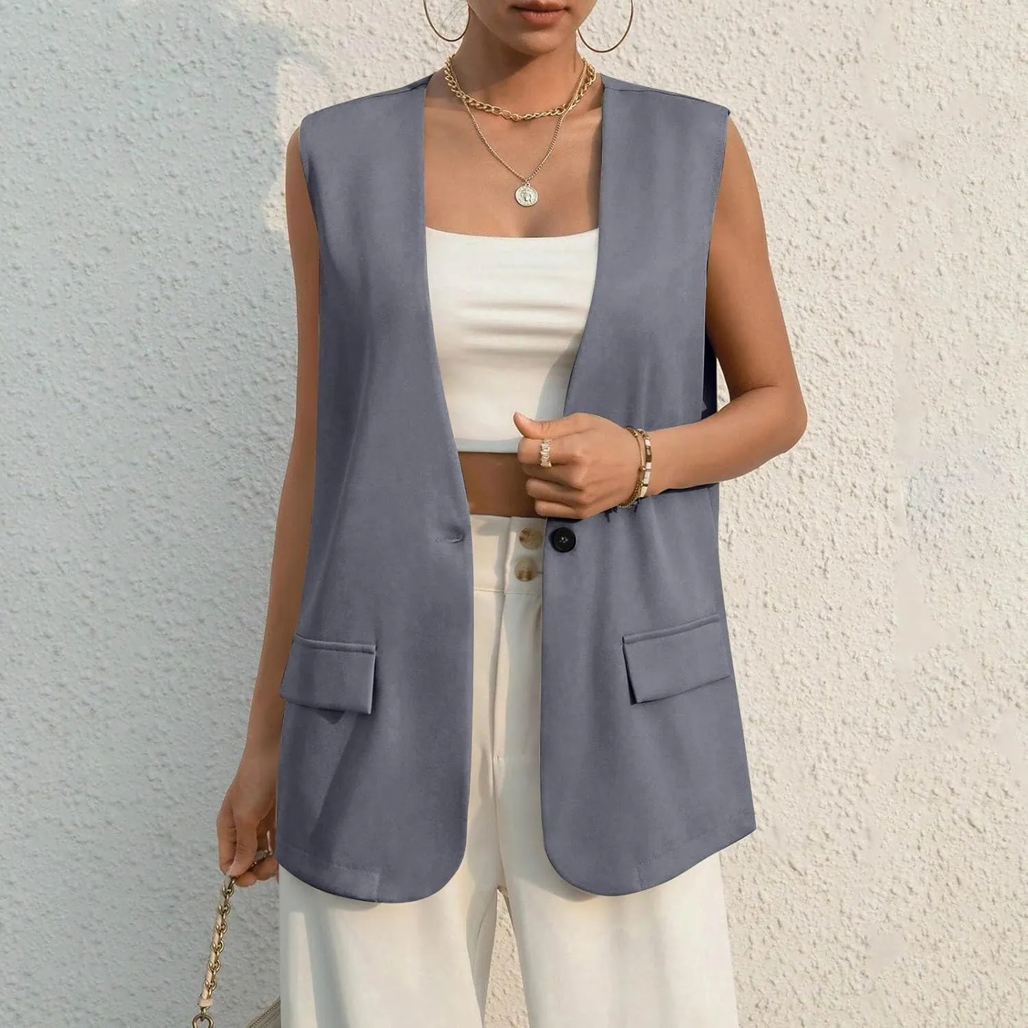 Womens Vest Top Trendy Button V Neck Summer Long Suit Vest with Pockets Dressy Casual Sleeveless Blazer Tops