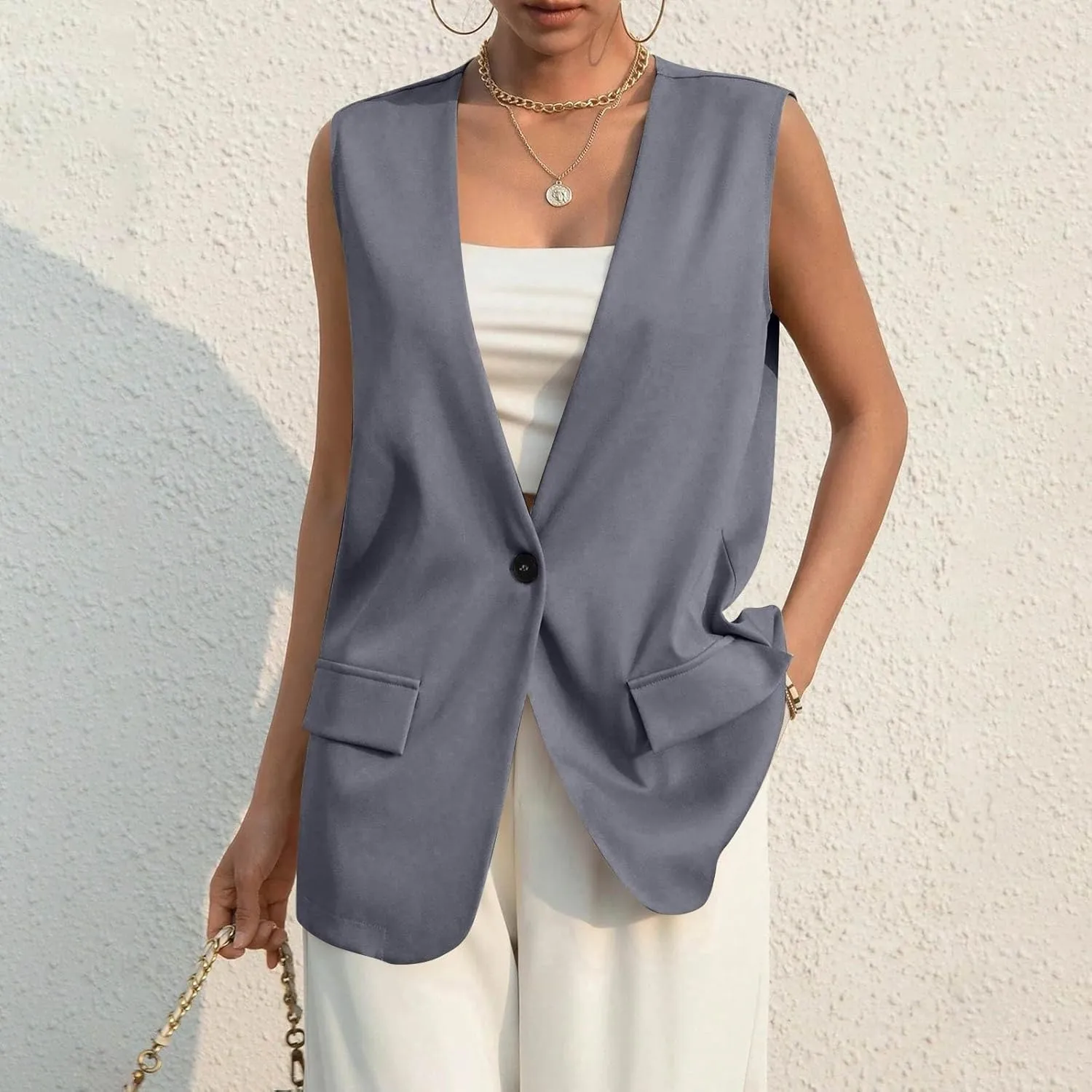 Womens Vest Top Trendy Button V Neck Summer Long Suit Vest with Pockets Dressy Casual Sleeveless Blazer Tops