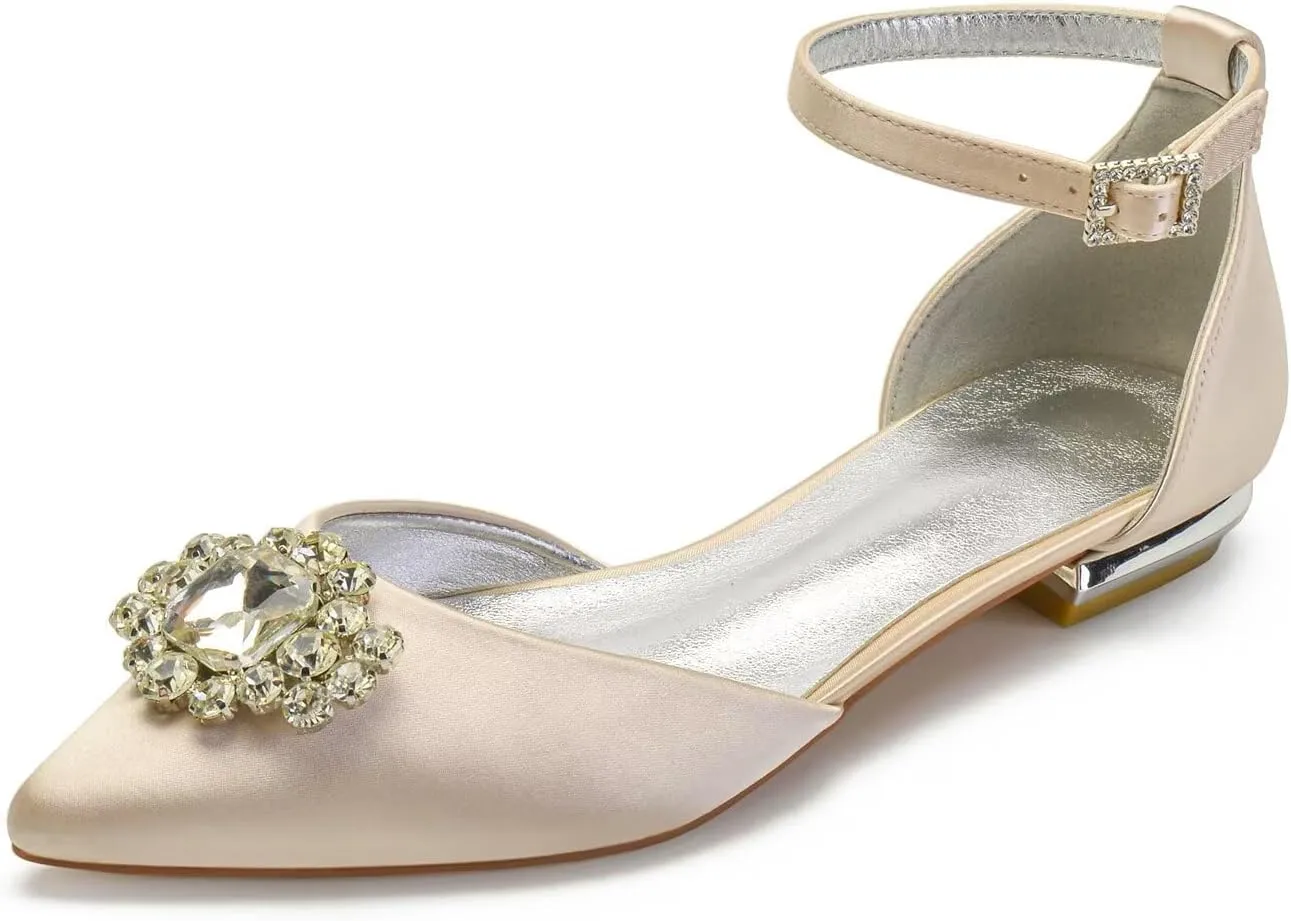 Women's Wedding Flats Pointed Toe Bridal Dress Shoes Pumps Satin Bridal Flats Rhinestones Prom Wedding Shoes for Bride