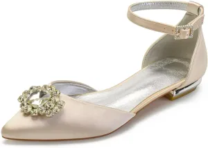 Women's Wedding Flats Pointed Toe Bridal Dress Shoes Pumps Satin Bridal Flats Rhinestones Prom Wedding Shoes for Bride
