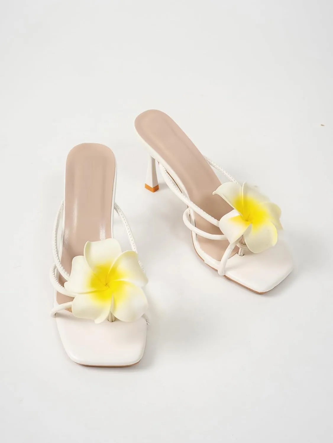 Women's White Strappy High Heel Sandals with Colorful Flower Open Square Toe Stiletto Sandals Slip-On Design Elegant Summer Vacation Heels for Beach Weddings and Garden Parties