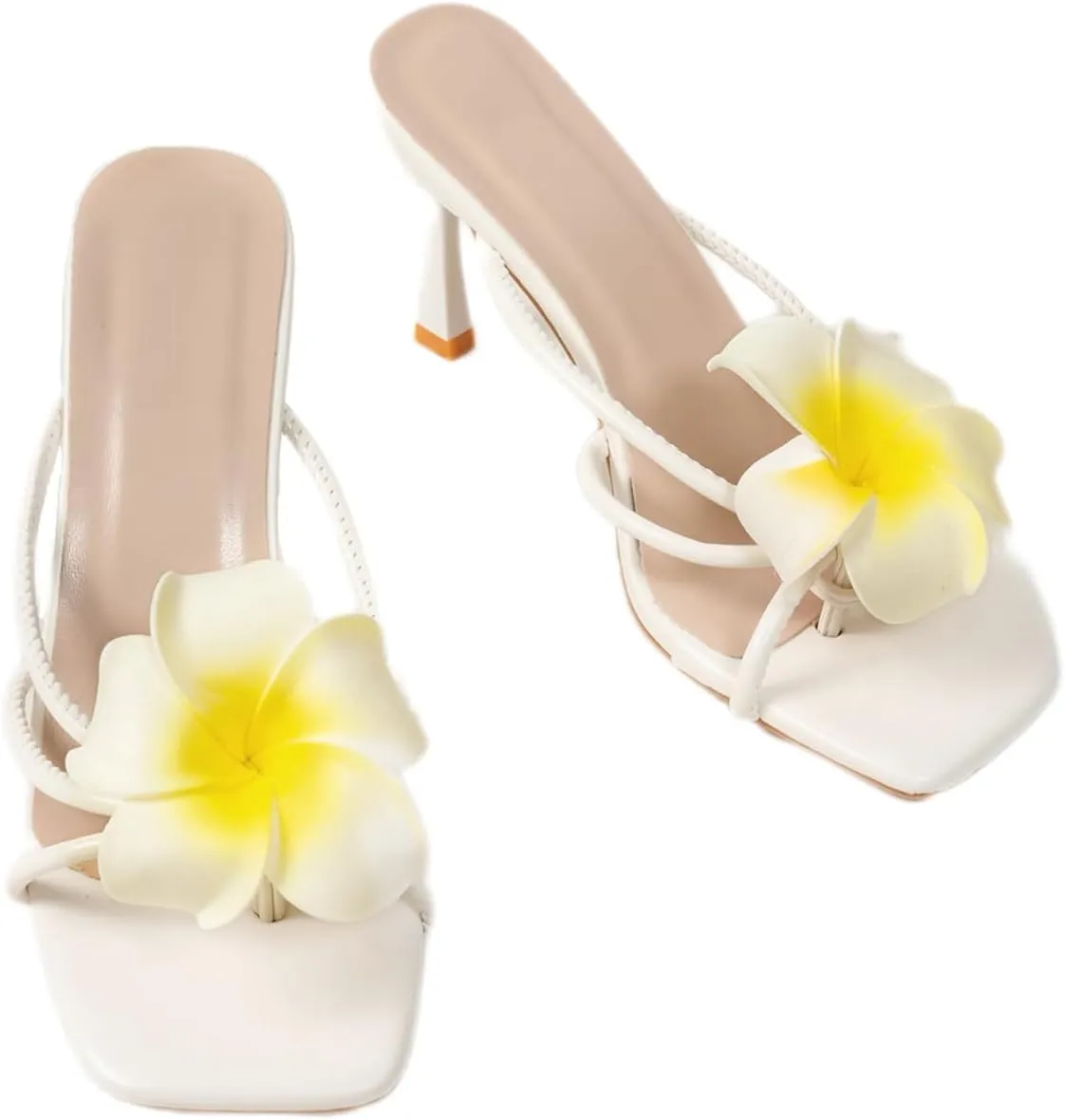 Women's White Strappy High Heel Sandals with Colorful Flower Open Square Toe Stiletto Sandals Slip-On Design Elegant Summer Vacation Heels for Beach Weddings and Garden Parties