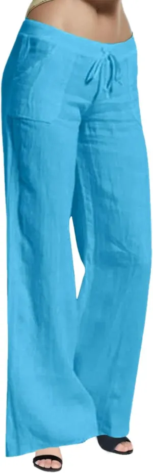 Women's Wide Leg Linen Pants Dressy Elastic High Waisted Palazzo Pant Yoga Pleated Trousers with Pocket