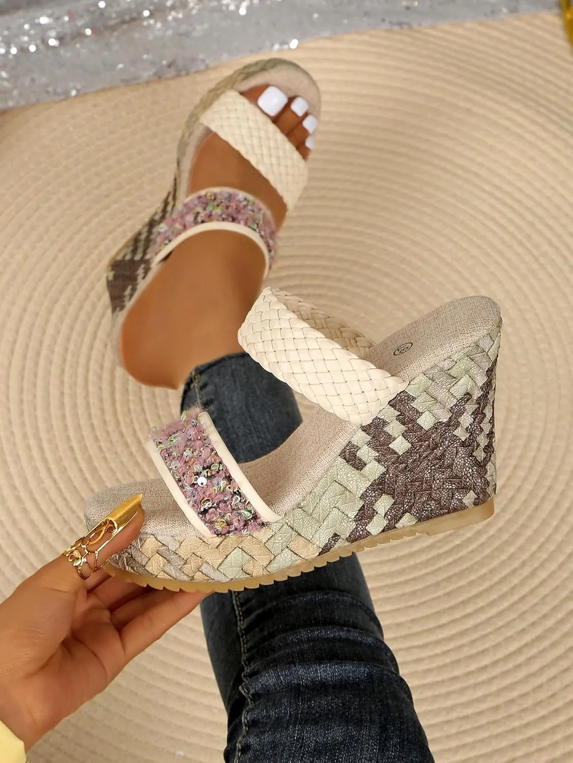 Womens Woven Wedge Platform Sandals Bohemian Sequin Flower Strap Platform Slides with Braided Detail Comfortable Summer Vacation Shoes for Beach, Brunch, and Everyday Outfits