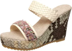 Womens Woven Wedge Platform Sandals Bohemian Sequin Flower Strap Platform Slides with Braided Detail Comfortable Summer Vacation Shoes for Beach, Brunch, and Everyday Outfits