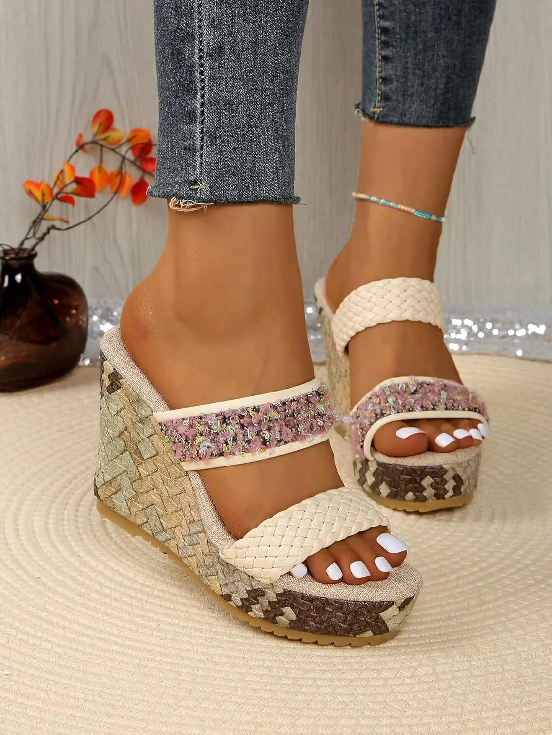 Womens Woven Wedge Platform Sandals Bohemian Sequin Flower Strap Platform Slides with Braided Detail Comfortable Summer Vacation Shoes for Beach, Brunch, and Everyday Outfits