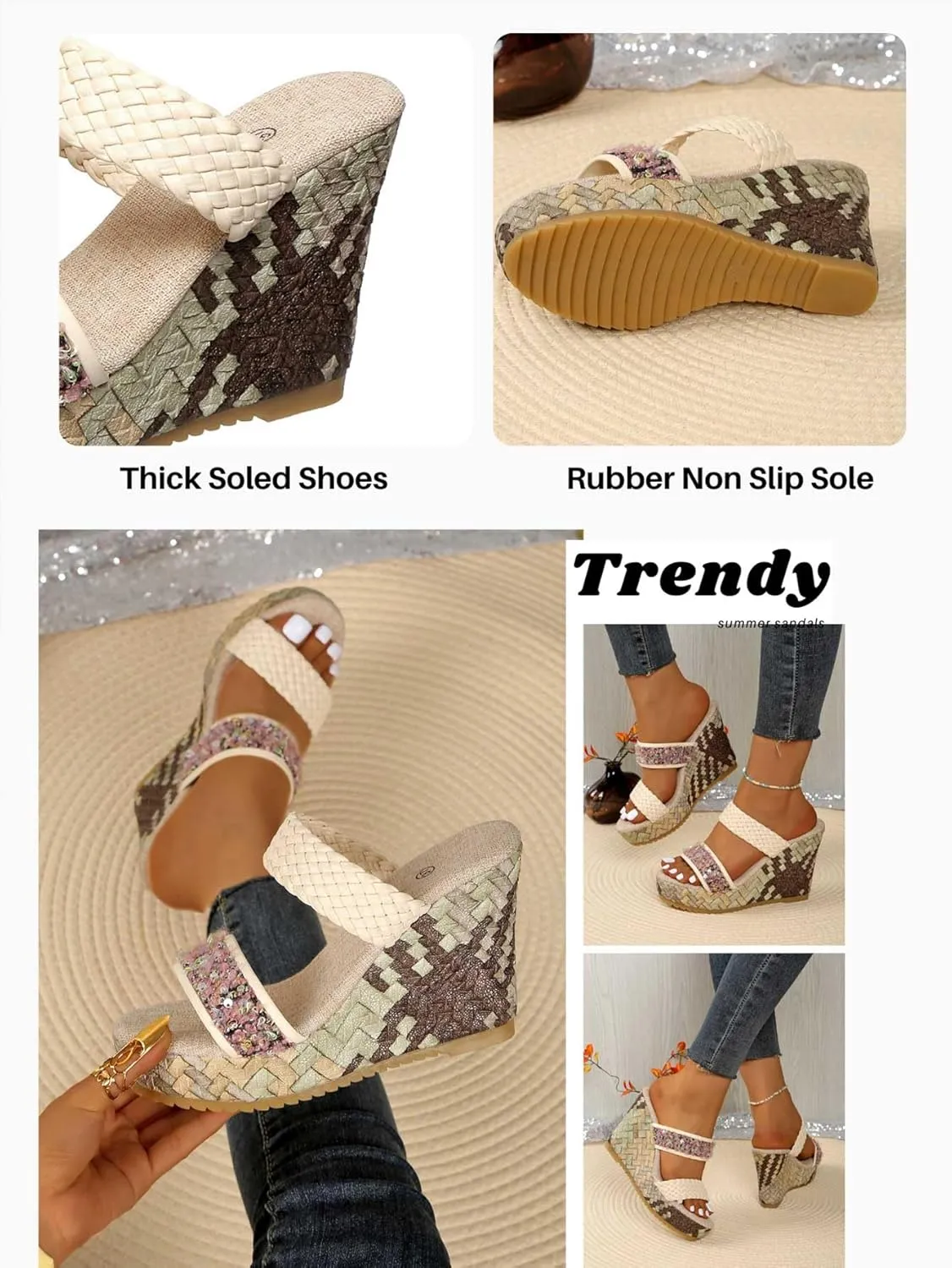 Womens Woven Wedge Platform Sandals Bohemian Sequin Flower Strap Platform Slides with Braided Detail Comfortable Summer Vacation Shoes for Beach, Brunch, and Everyday Outfits