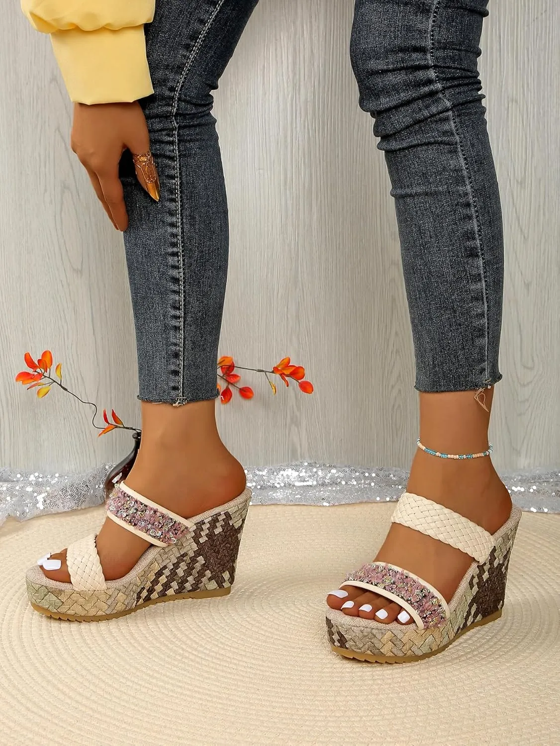 Womens Woven Wedge Platform Sandals Bohemian Sequin Flower Strap Platform Slides with Braided Detail Comfortable Summer Vacation Shoes for Beach, Brunch, and Everyday Outfits