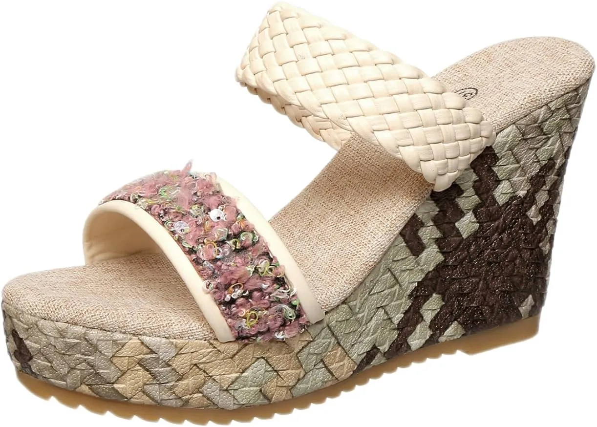 Womens Woven Wedge Platform Sandals Bohemian Sequin Flower Strap Platform Slides with Braided Detail Comfortable Summer Vacation Shoes for Beach, Brunch, and Everyday Outfits