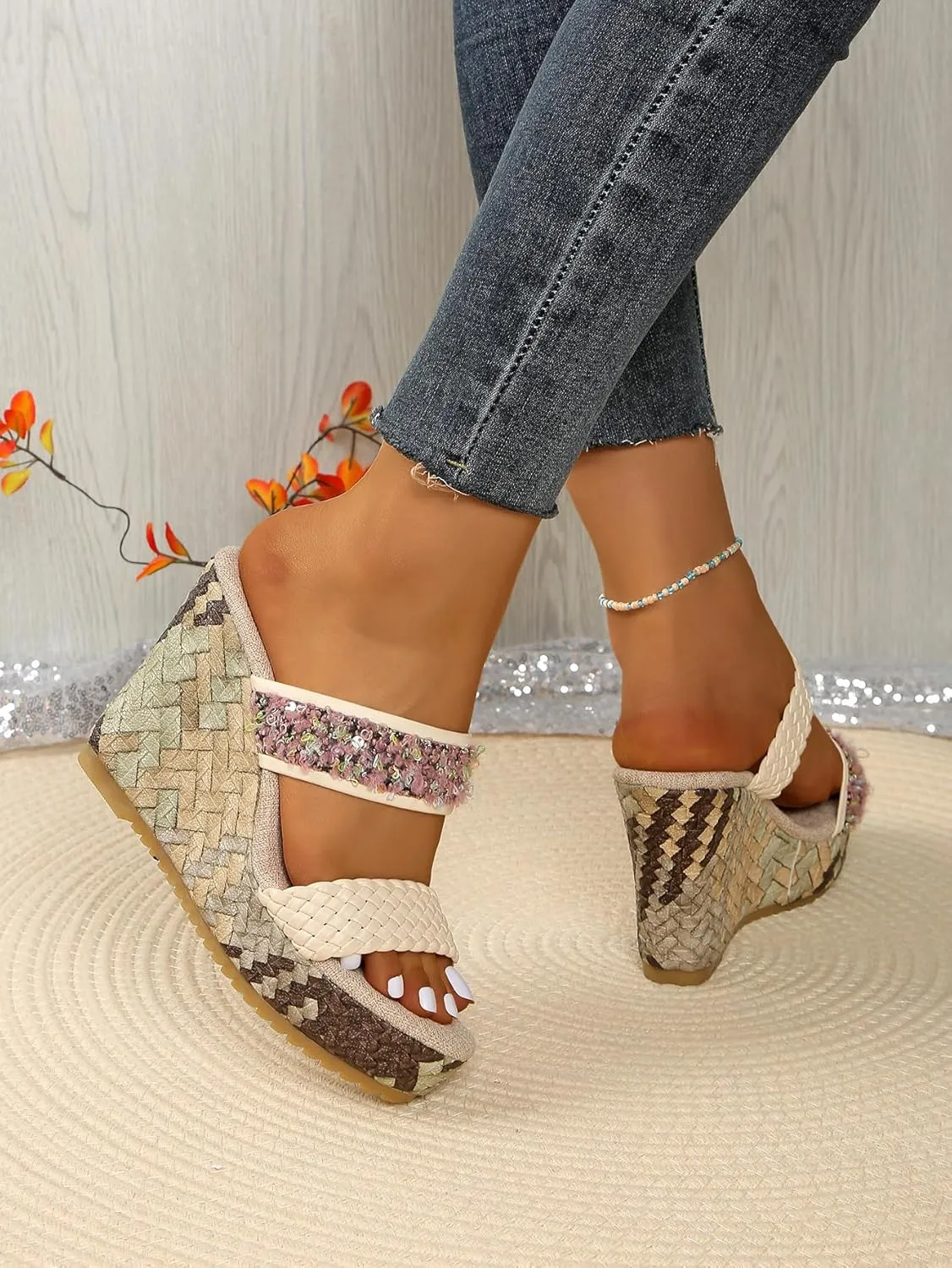 Womens Woven Wedge Platform Sandals Bohemian Sequin Flower Strap Platform Slides with Braided Detail Comfortable Summer Vacation Shoes for Beach, Brunch, and Everyday Outfits