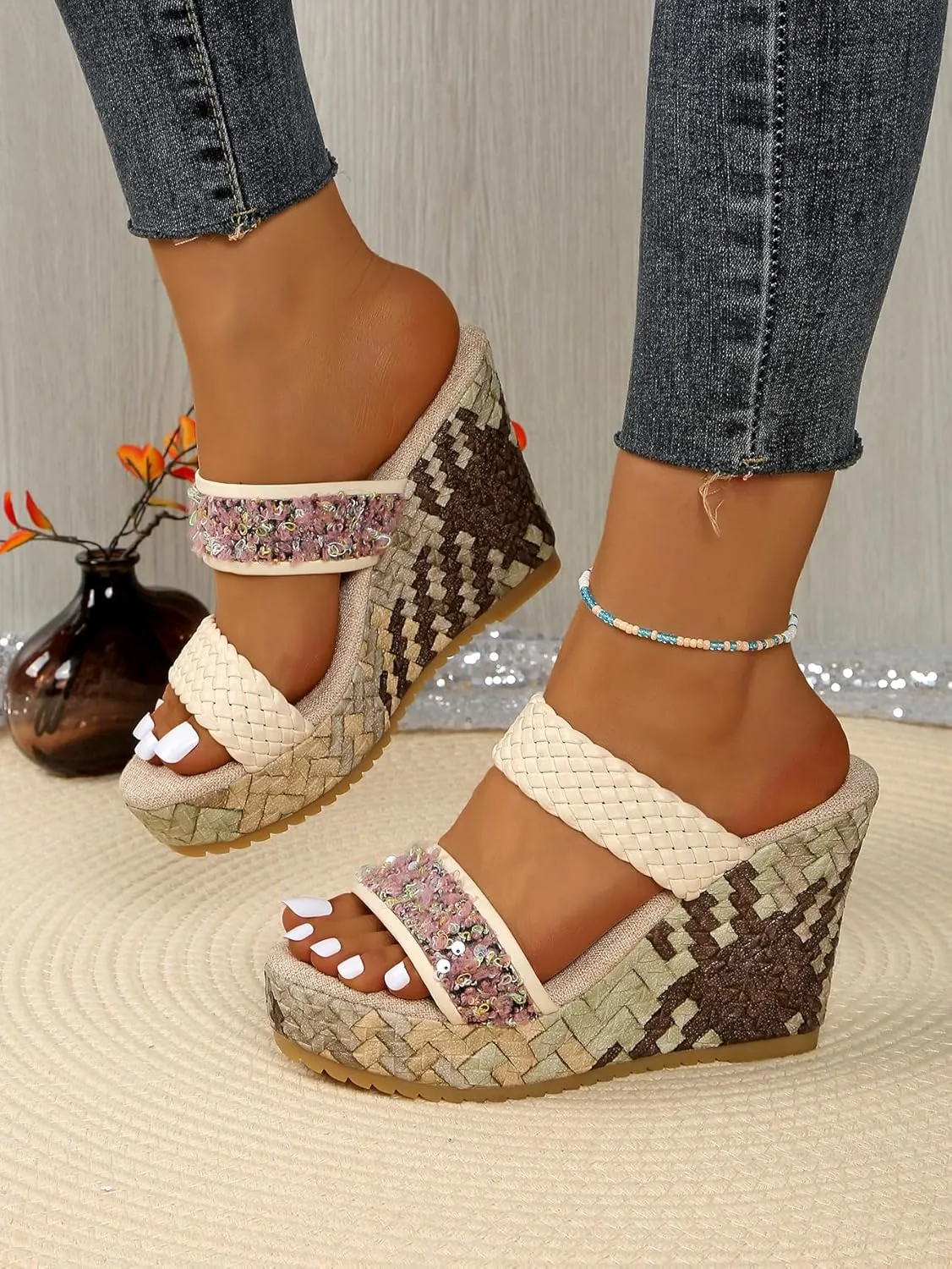 Womens Woven Wedge Platform Sandals Bohemian Sequin Flower Strap Platform Slides with Braided Detail Comfortable Summer Vacation Shoes for Beach, Brunch, and Everyday Outfits