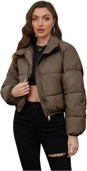 Wyeysyt Women's Cropped Puffer Jacket Winter Quilted Stand Collar Lightweight Outerwear Coats with Pockets