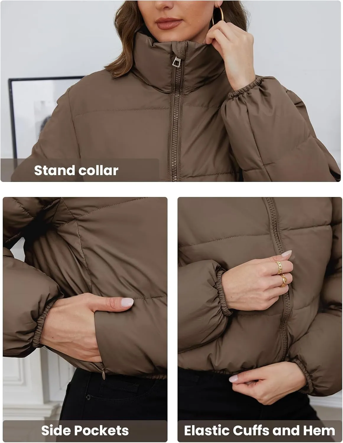 Wyeysyt Women's Cropped Puffer Jacket Winter Quilted Stand Collar Lightweight Outerwear Coats with Pockets