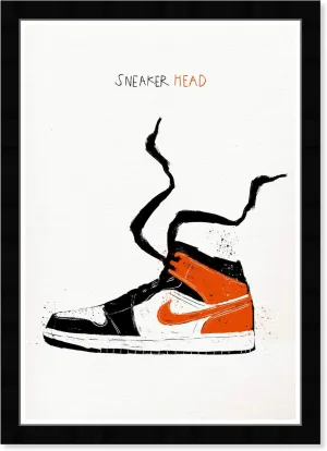 Wynwood Studio Basketball Sneakers Wall Art Street Style Home Décor Framed Poster Print Painting 'Sneaker Head Drawing' in Black, Red Swoosh Jordans