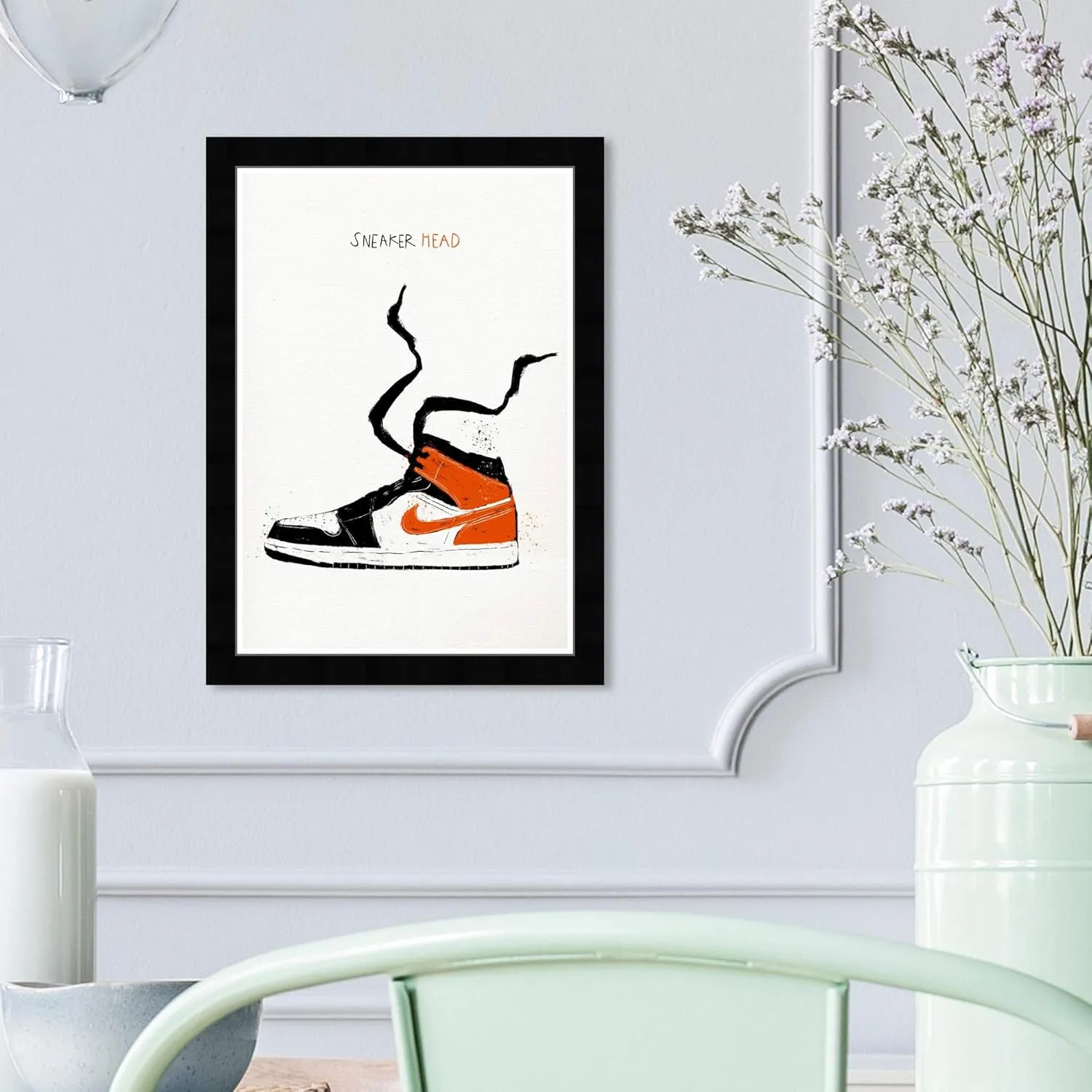 Wynwood Studio Basketball Sneakers Wall Art Street Style Home Décor Framed Poster Print Painting 'Sneaker Head Drawing' in Black, Red Swoosh Jordans