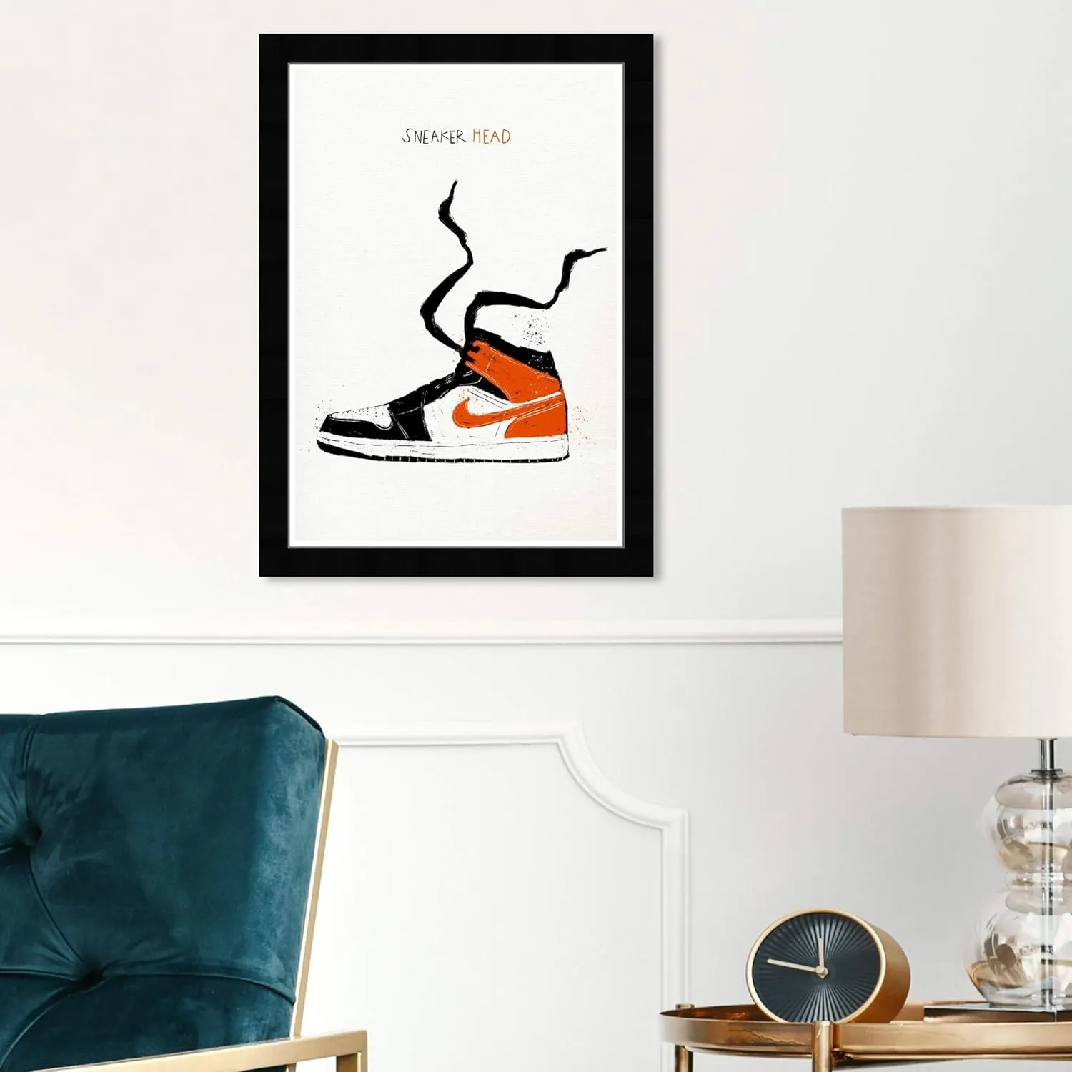 Wynwood Studio Basketball Sneakers Wall Art Street Style Home Décor Framed Poster Print Painting 'Sneaker Head Drawing' in Black, Red Swoosh Jordans