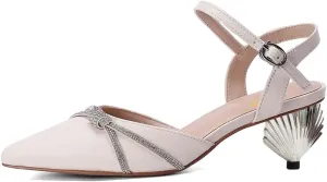 XYD Chic Women Ankle Strap Pumps Slingback Pointed Toe Unique Scallop Shell Shape Low Heels Sandals Bow Rhinestone Party Cocktail Shoes