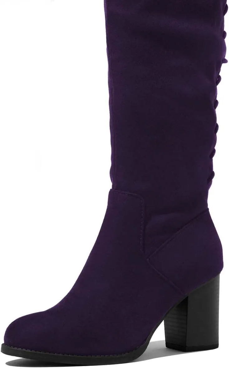 XYD Women Back Lace Up Knee High Boots Suede Chunky Mid Heel Stretch Sexy Thigh High Plicate Pull On Style Round Toe Winter Warm Dress Shoes
