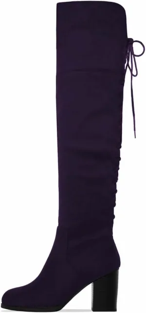 XYD Women Back Lace Up Knee High Boots Suede Chunky Mid Heel Stretch Sexy Thigh High Plicate Pull On Style Round Toe Winter Warm Dress Shoes